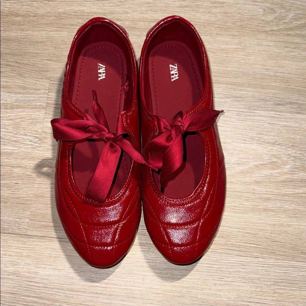 Zara Red Satin-Tie Quilted Ballet Flats